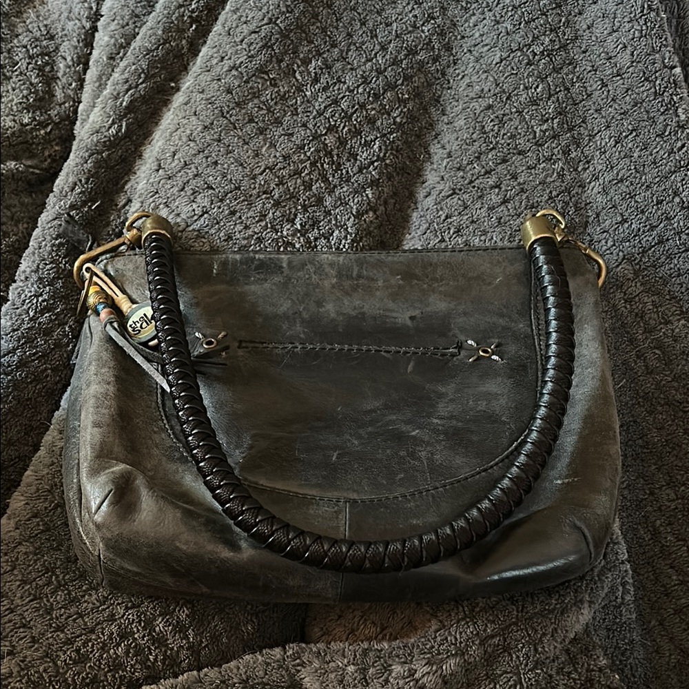 The Sak Black Leather Shoulder Bag with Woven Handle